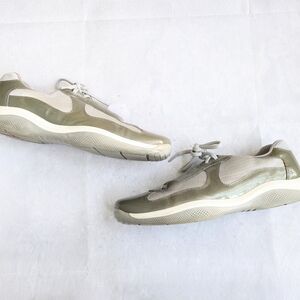 Prada America's Cup Sneakers Olive Green Patent Leather 12 Silver Low Tops